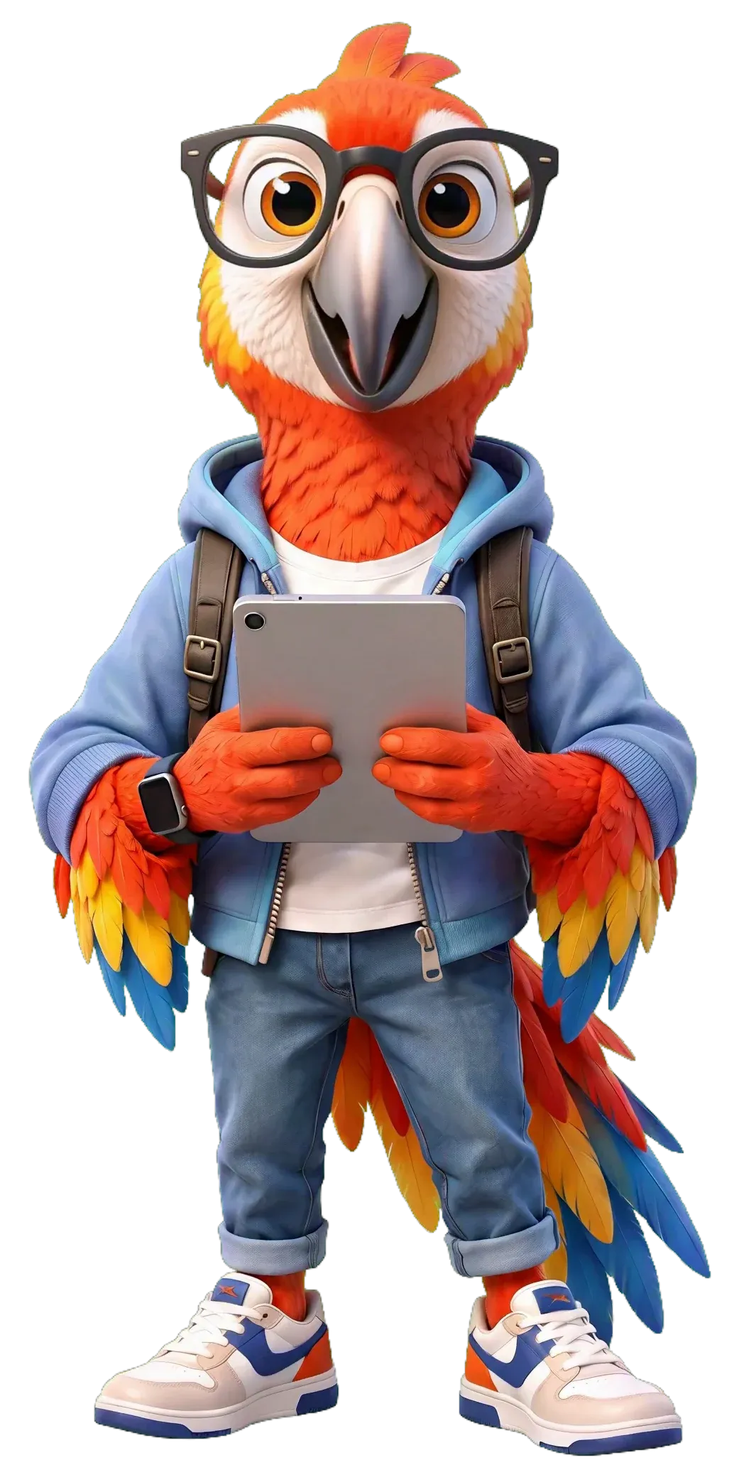 Pico, der Papagei mit Brille, Hoodie und Tablet – das Maskottchen von DieHomepage
